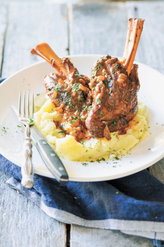Braised Lamb Shanks with Five Spice and Pinot Noir, recipe found on page 156 of The Oregon Farm Table Cookbook. ##Photo prodvided