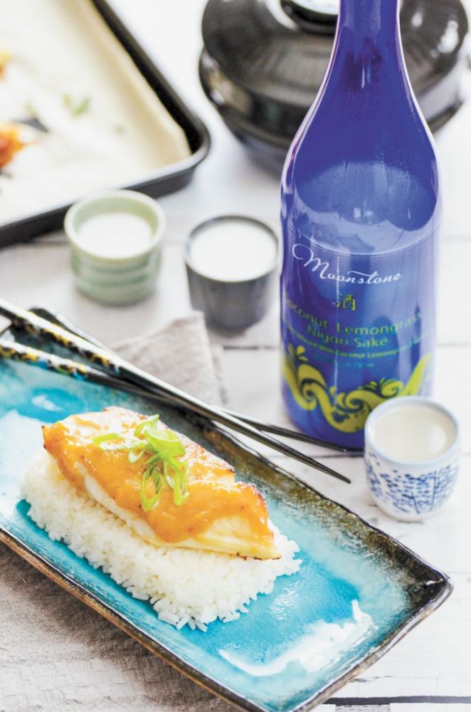 Miso Saké Glazed Black Cod (Sablefish), also in The Oregon Farm Table Cookbook, paired with SakéOne s Coconut Lemongrass Nigori saké. ##Photo prodvided