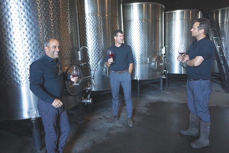 The White Rose Estate team in the cellar. From left: Greg Sanders, owner; Greg Urmini, head winemaker; and Michael Pasquarelli, assistant winemaker. ## Photo provided by White Rose Estate