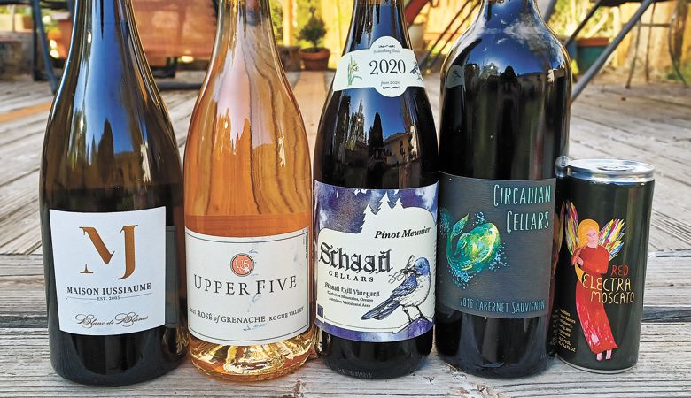 From left: Maison Jussiaume Blanc de Blanc, Rogue Valley. Upper Five Vineyard Rosé of Grenache, Rogue Valley. Schaad Pinot Meunier, Willamette Valley. Circadian Cellars 2016 Cabernet Sauvignon, Applegate Valley. Quady Red Electra Moscato. ##Photo by Mélodie Picard