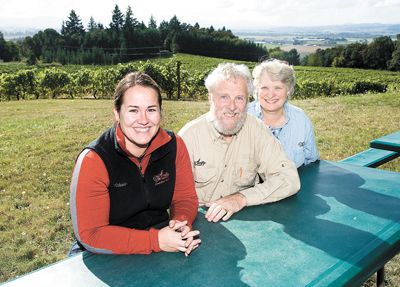 Myron and Vikki enjoy the fresh air at Amity’s estate vineyard with the winery’s winemaker Darcy Pendergrass, who was hired in 2001. She started out in the tasting room and worked her way up to become head winemaker prior to the 2008 vintage. Photo by Marcus Larson.