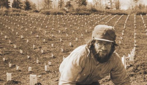 David Adelsheim in block one during an April 20,1974 planting party. ##Photo courtesy of Adelsheim Vineyard