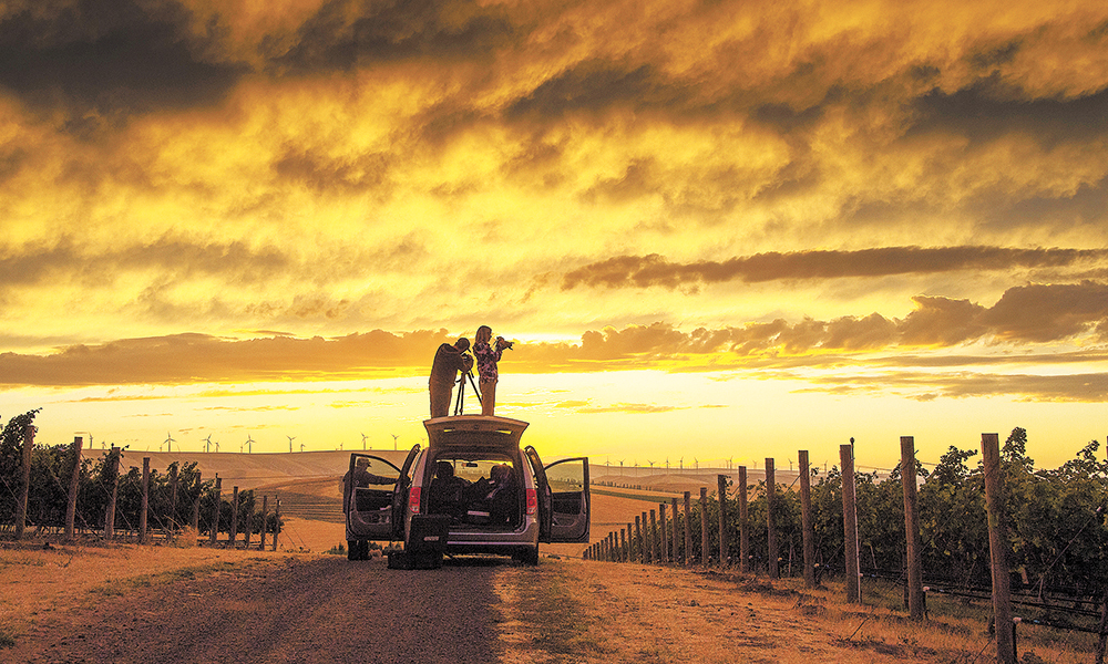 Andrea Johnson captures sunset over Seven Hills Vineyard, Walla Walla Valley. ##Photo by Robert Holmes