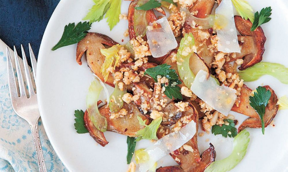 Porcini Salad with Pine Nuts and Lemon Salt ##Photo courtesy of Andrews McMeel Publishing